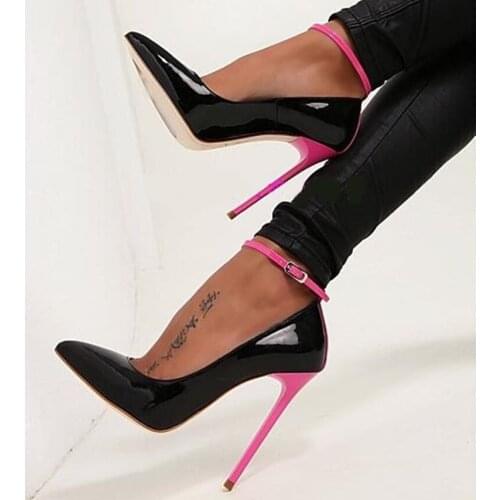 Plus Size 13 Ankle Strap Stiletto Heels Patchwork Dress Shoes Pointed Toe Black Red Beige Patent Leather High Heel Pumps
