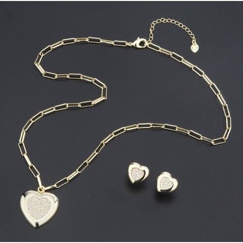 2020 High Quality New Gold Copper Heart White AAA Cubic Zirconia Womens Earrings Necklace Wedding Party Fashion Jewelry Sets
