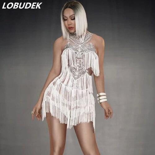 Women Sexy Tassels Dress Birthday Stretch Sleeveless White Fringes Mini Dress Nightclub Party Prom Singer Show One-piece Dress