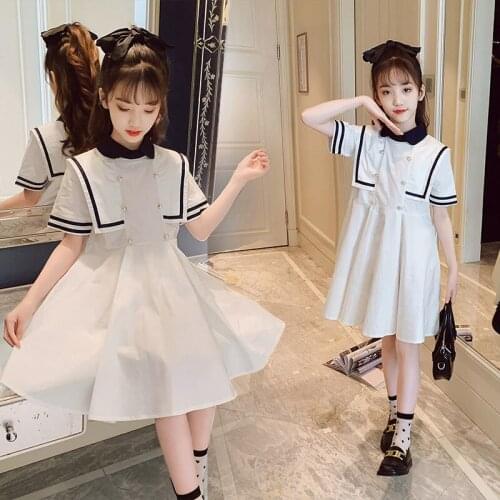 2021 Summer Preppy Style Baby Girls Peter Pan Collar Plaid Dress Korean White Princess Party Casual Teenage Girls Clothing 4-13Y