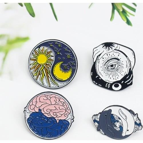 Black white hold together to form a clique Enamel Brooch sun moon eye Two color brain dolphin sea wave Lapel Pin Bag punk Badge