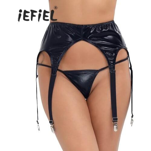 IEFiEL Adult Women Wetlook Patent Leather Sexy Club Garter Panty Plastic Metal Clip Sock Garter Belt Holder Fastener Suspender