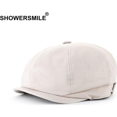 SHOWERSMILE White Newsboy Cap Unisex Men Women Cotton Octagonal Cap Male Female Spring Summer British Style Flat Cap