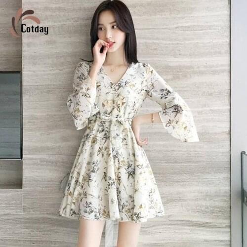 Cotday Lace Short Harajuku For Women Mini New V-neck Floral Chiffon High Waist Flare Sleeve Female Formal White Elegant Frocks