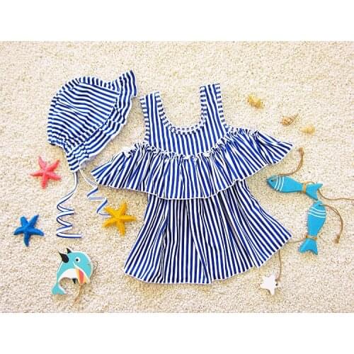 Summer Casual Dress Kids Girls One Piece 2 Pieces Swimming Suit Swimwear + Hat Summer Striped Dress Beach Wear Swimsuit SA4021