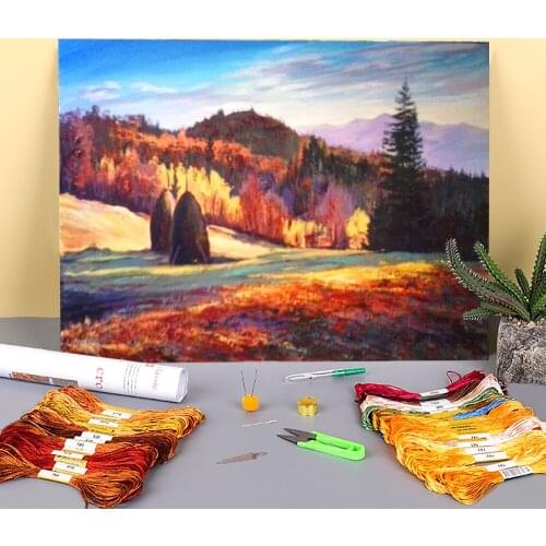 Landscape Autumn Pre-Printed 11CT Cross Stitch Full Kit DIY Embroidery DMC Threads Handicraft Painting Handiwork Magic