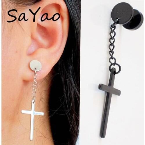 SaYao 2 Pieces Stainless Steel Fake Ear Plugs Crosses Screw Round Barbell Cross Earring Ear Expanders Earrings Body Jewelry
