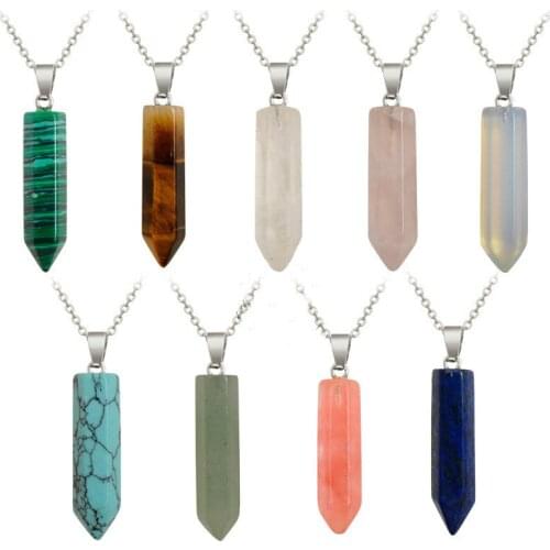 Natural Stone Pendants Necklace Real Raw Gem Pink Blue Opal Crystal Hexagonal Bullet Reiki Chakra Bohemian Jewelry for Women