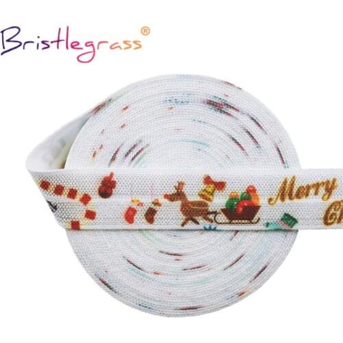 BRISTLEGRASS 2 5 10 Yard 5/8" 15mm Christmas Elk Sled Print Fold Over Elastics FOE Spandex Satin Bands Tape Hair Tie Sewing Trim