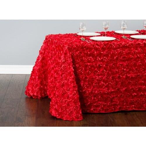Luxury polyester rectangular satin table cloth with 3D rosette flower table cover for wedding party banquet decoration