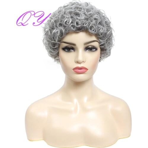 QY Hair Short Culry Wig Ombre Grey Synthetic Cap Shape Wigs For GrandmaWomen With High Temperature Fiber Hair