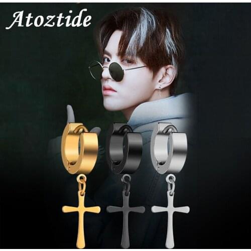 Atoztide 1pcs Stainless Steel Piercing Cross Stud Earrings For Women Men Personality Black Tassel Barbell Earrings Party