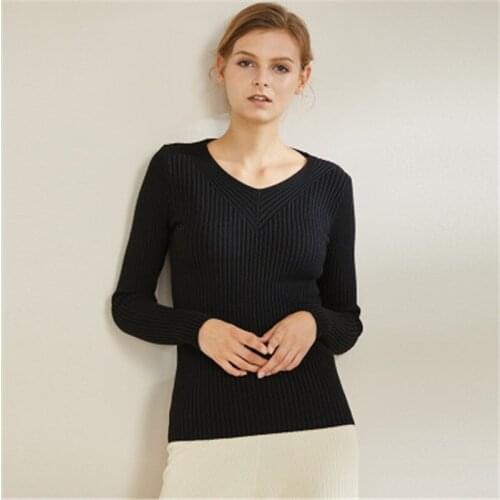 Autumn And Winter Womens New Westernstyle Slim Long-Sleeved V-Neck Solid Color Core-Spun Yarn Bottoming Sweater Chandails
