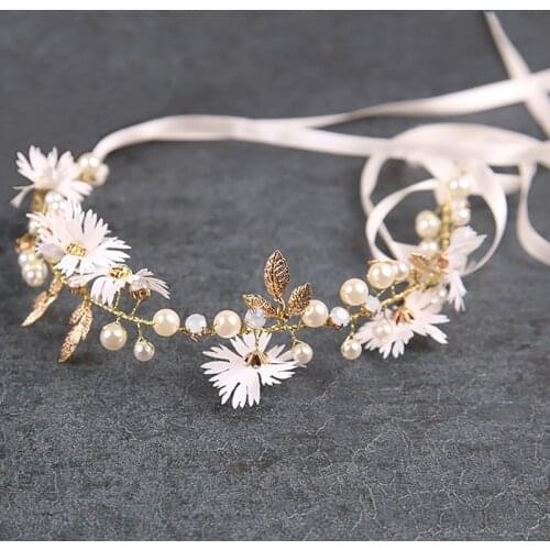 Bride Wedding Hair Accessories Ribbon Flower Headbands Hair Vine White Red Pearl Headpiece Hairwear Hair Ornament For Women Girl