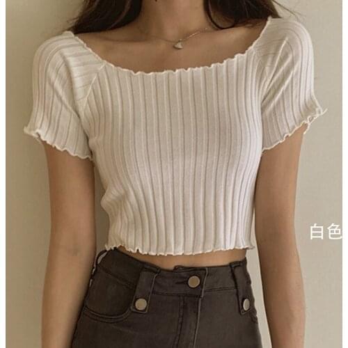 Women T-shirts Off Shoulder Knitting Crop Tops Short Sleeve Stretchy Ruffles Hem Tee Shirts Women 2021 Summer Crop Tees