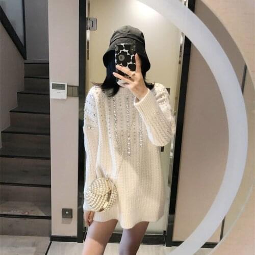 Rainstone Women White Heavy Beads Twist Knitted Sweater Korean Style Casual Long Loose Hot Fashion Pullover