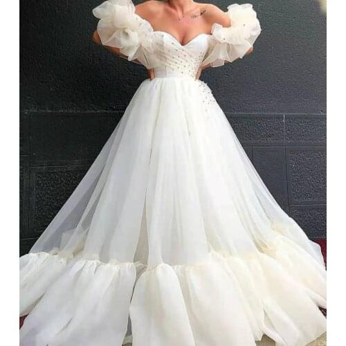 A-Line Floor Length Tulle Prom Dresses with Puffy Sleeves White Robe De Soiree Formal V-Neck Party Dresses for Women