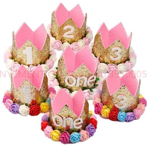 Baby Girl Birthday Party Hats I Am One Caps First Birthday Princess Crown Party Decorations Kids Favors Pink Headband 50PCS