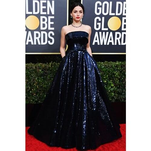 Strapless Sequines Celebrity Dress for Golden Globe Glitter Evening Gowns with Bow Pockets Red Carpet Dress robes de soirée