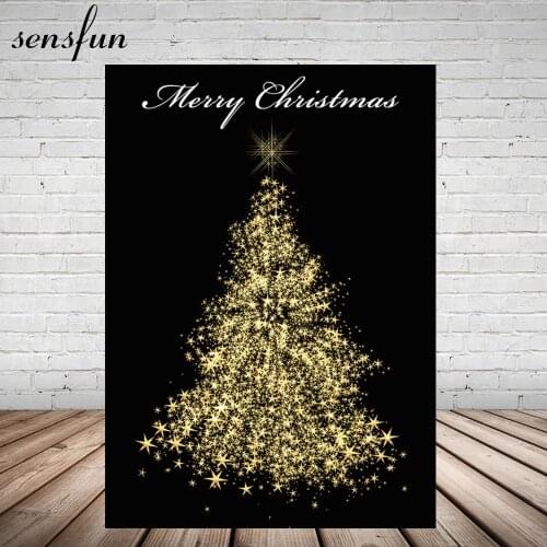 Photography Backgrounds Merry Christmas Backdrop Black Gold Little Stars Christmas Tree Photo Vinyl 5x7ft