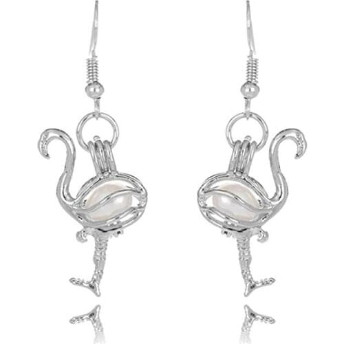 HENGSHENG 6-7 mm Freshwater Cultured Oval Pearls Bird Shape Cage Locket Pendant Dangle Earrings
