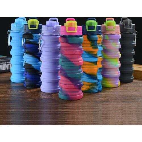 Camouflage Water Bottle Silicone Fold Telescopic Tumbler Carabiner Sports Drinks Cups Portable Hiking Camping Equipment 500ML
