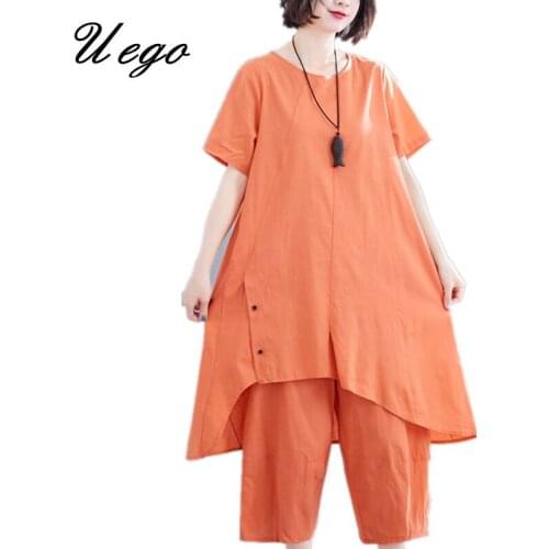 Uego Womens Sets Soft Cotton Linen Loose Casual Sets Long Tops+Wide leg pants Two Piece Women Fashion Sets Clothes Suits Set