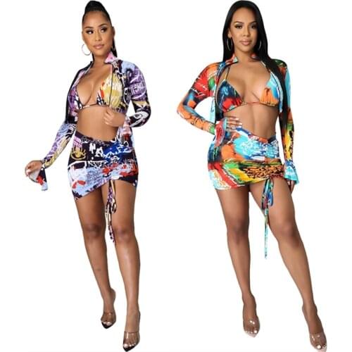 Summer Clothing New Women Dress Sets Sexy Fashion Printing Long Sleeve Four-piece Suit Club Outfits Streetwear Wholesale Items