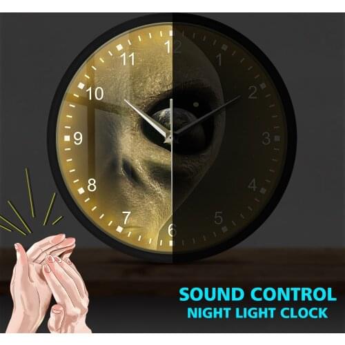 Mystical Outer Space Planet Alien Sound Activated Wall Clock Extraterestrial Sound Control Timepiece Saucer Man Design