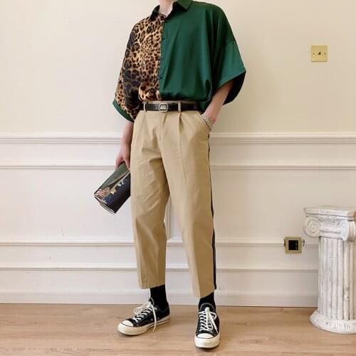 L 2019 eopard print contrast web celebrity shirt mens trend thin short sleeve casual loose shirt