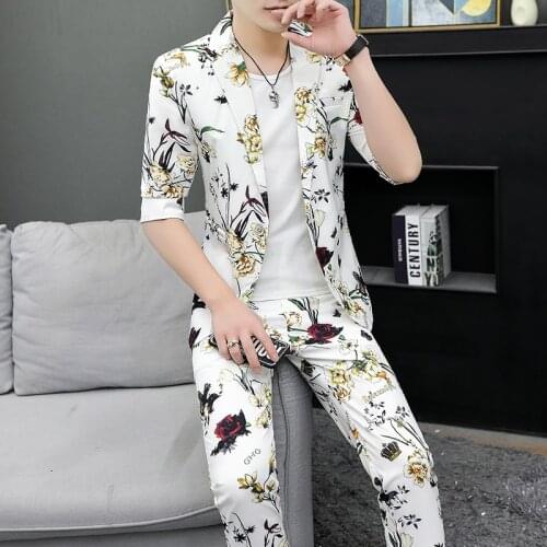 2021 New Summer High Quality Mens Print Single Button Slim Hip-hop Two Piece Mens Suits