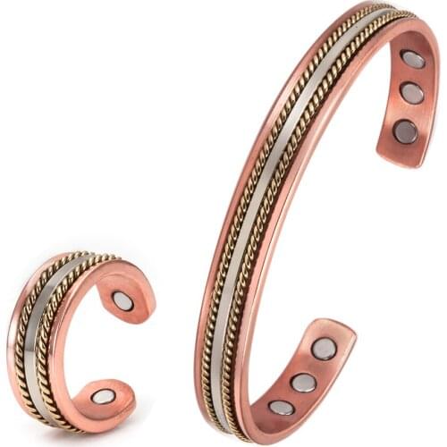 Health Magnetic Women Banglet Ring Set Copper Adjustable Twisted Cuff Mens Bracelet Stainless Steel Thread Bracelets Ring Set