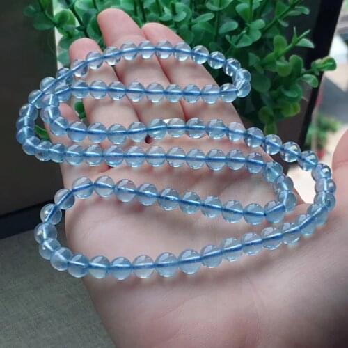 6.4mm Natural Ice Blue Aquamarine Bracelet 3 Laps Clear Round Beads Women Best Gift Gemstone Stretch Crystal Jewelry AAAAA