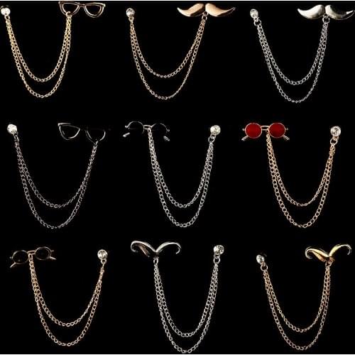New Fashion Glasses Rhinestones Brooch Pin Metal Beard Tassel Chain Lapel Pins Suit Shirt Collar Brooches for Men Accessories
