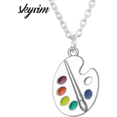 Skyrim Artists Palette Pendant Pigments Plate Necklaces Paint Brush Best Gift for Painter Charm Enamel Craft Chain Necklace