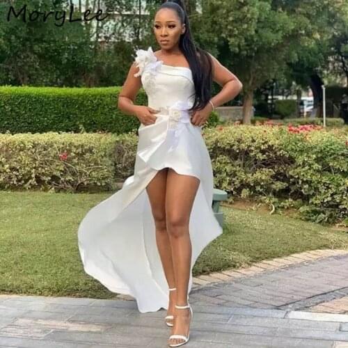 One Shoulder Bridesmaid Dresses African Hand Made Flower Lace Crystal Hi-Lo Silk Satin A-Line Wedding Party Bridemaid Dresses