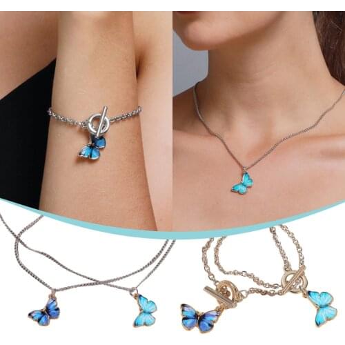 Chain Gift Bracelet Bohemian Girls Necklace Cute Silver Color Blue Women Pendant Fashion Butterfly Butterflies Beach Gradient