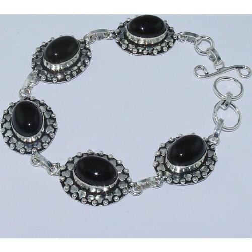 Black Onyx Bracelet Silver Overlay over Copper , 22.7 cm, B0947