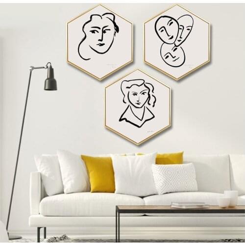 Hexagonal Decorative Painting Nordic Minimalist Line Human Face Fresco Simple Abstract Hotel Painting PS Frame Seamless Nail