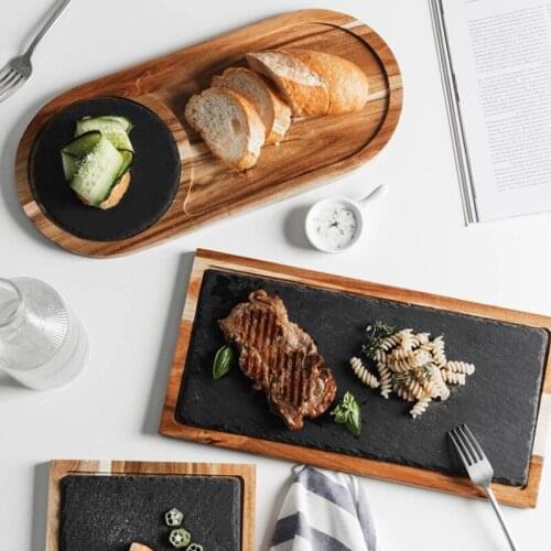 Natural Slate Stone Tray Wooden Black Slabstone Plate Western-Style Steak Japanese Cuisine Sushi Plates Cheese Pizza Flat Plate
