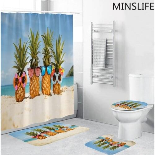 Funny Pineapple In Glasses Shower Curtain Beach Fabric Bathroom Curtains Non-slip Bath Mat Lid Toilet Rug Set Home Decoration