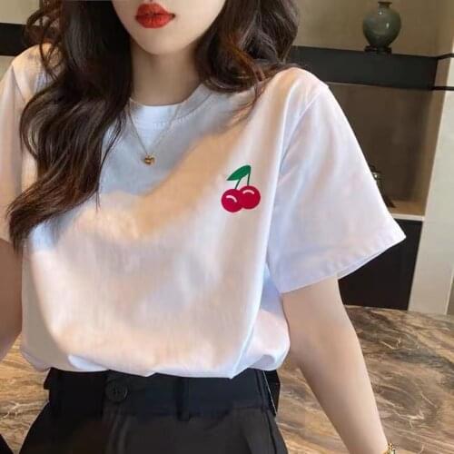 Ladies Korean Harajuku Short Sleeve T-shirt Street Style Casual Summer White O-Neck Top T-shirt