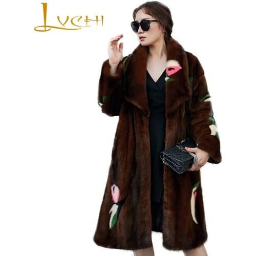 LVCHI Winter 2019 Turn-Down Collar Mink Coat Real Mink Fur Coat Natural Fur Causal Womens Print Flower Retro X-Long Mink Coat