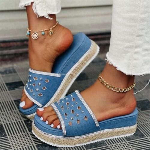 Women High-Heeled Shoes Sandals Platform Casual Shoes Ladies Casual Summer Slope Heel Sandals Hollow Straw Side Shoes Plus Size
