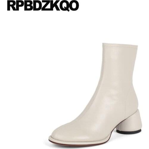 Genuine Leather Chunky Zip Up Beige High Heel Women Boots Winter 2021 Ankle Shoes Block Quality Girls Brown Round Toe Size 34