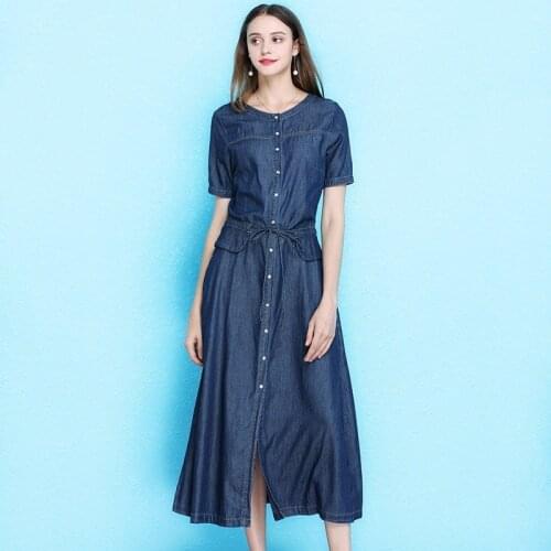 Women 100% Cotton Denim Dresses High Quality O-Neck Drawstring A-Line Mid Long Dress Ladies Elegant Clothes Short Sleeve Loose