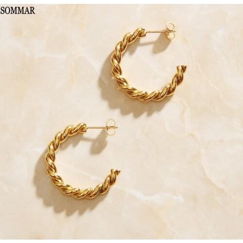 SOMMAR Gold Color Stainless Steel 30mm Twisted Hoops Earrings Thick Boho Chic Gold Vermeil Women Charm Earrings
