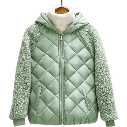 Womens Light Cotton Coat Winter Female 2021 New Loose Short Coat Imitate Lamb Wool Zipper Lattice Ladies Cotton Clothes Jacket
