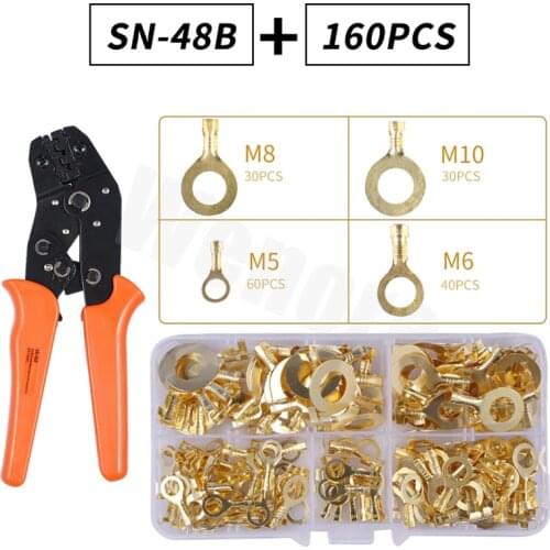 160pcs/set Round Terminal Block O-type Lugs Terminals Cold-Pressed Connector Copper Tab Wiring Nose Combination and SN-48B Set