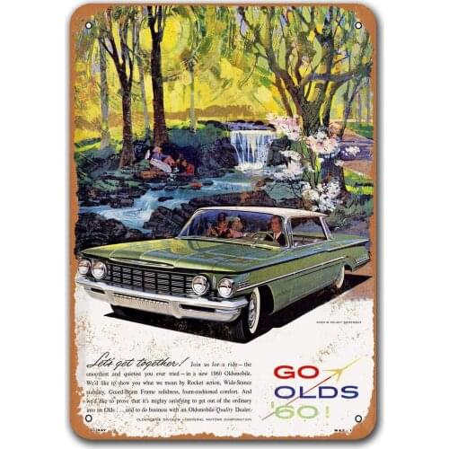 1960 Oldsmobile Old Car Tin Sign, Sisoso Vintage Metal Plaques Poster Bar Man Cave Retro Wall Decor 12x16 inch